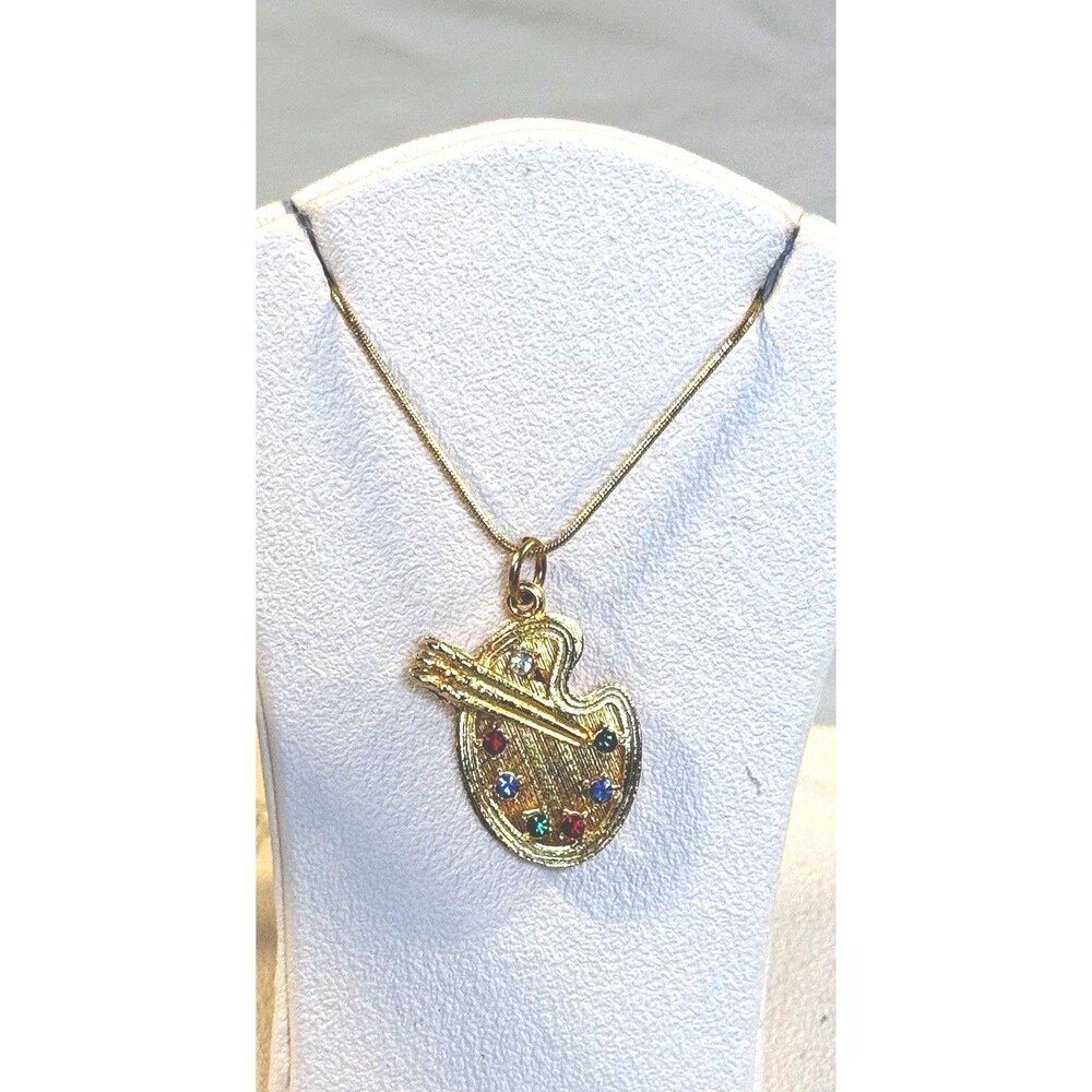 ⁠ ORENA PARIS ODC Gold Tone Artist Palette Rhinestone Pendant Necklace NMG VTG